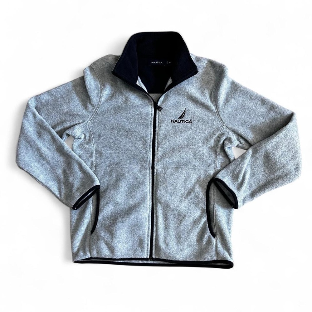 Nautica woman’s soft/warm grey full zip fleece jacket with navy blue accents XS